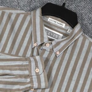 Levis Silver Label Button Down Shirt Tan Grey Mens XL Striped Long Sleeve Pocket